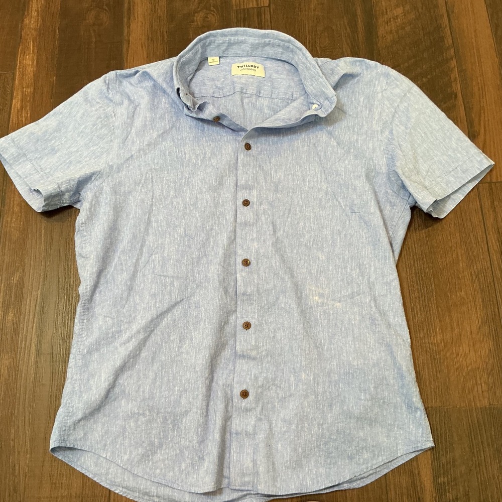Twillory Untuckable Short Sleeve Linen Blend Button Down Shirt Blue Tailored M